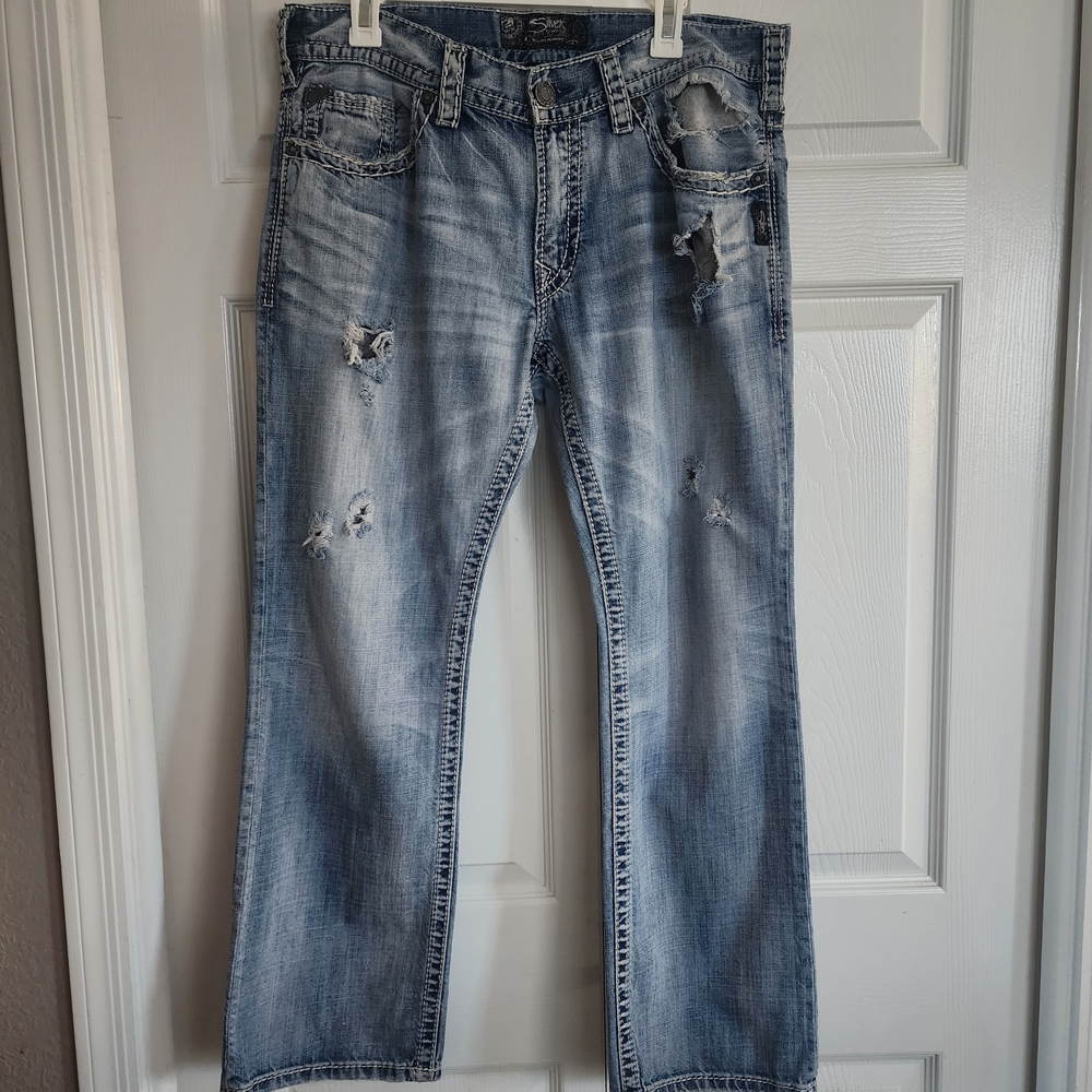 Silver Jean Company Men's 34x30 Nash Strait‎ Distressed Heavy Stitch Blue Jeans